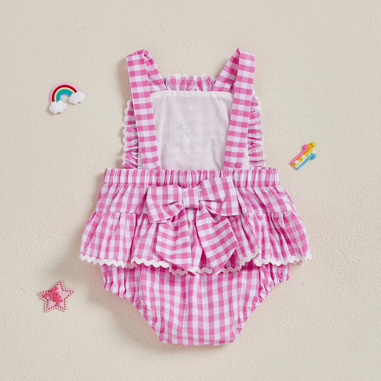 Baby Girl Plaid Duck Embroidery Bow Backless Sleeveless Romper
