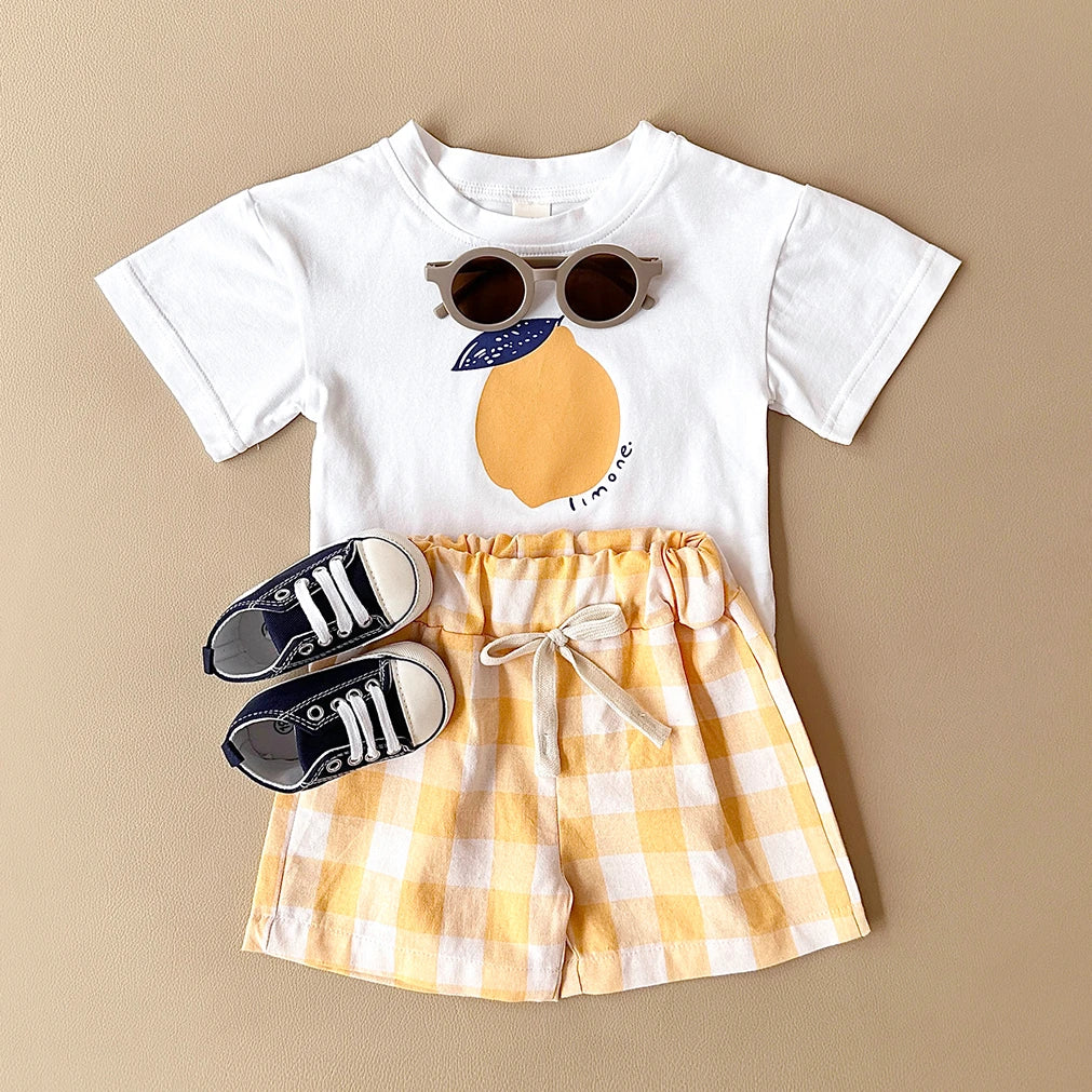 Lemon Print T-Shirt and Checkered Shorts Set