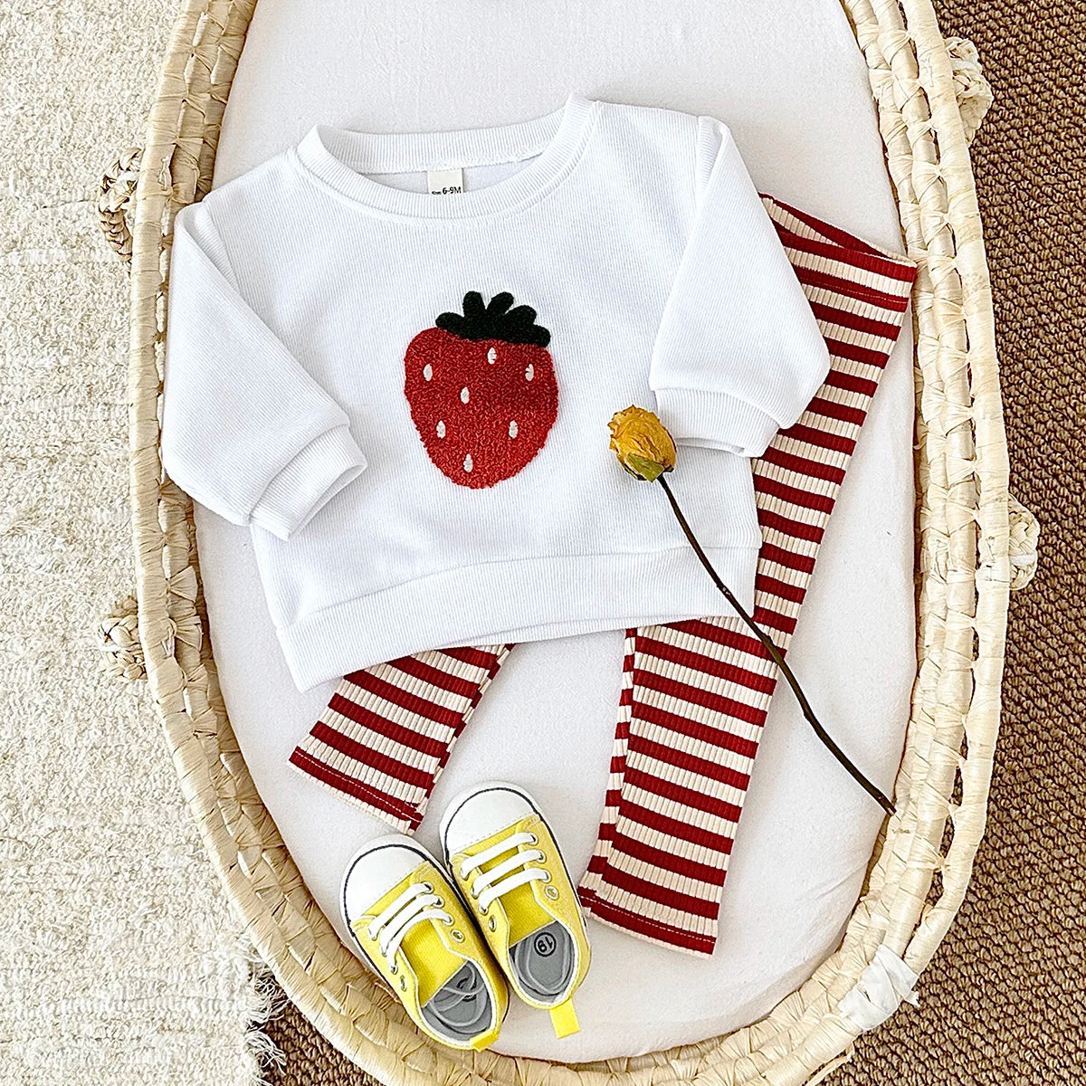 Fruit Embroidered Sweatshirt and Striped Pants Set