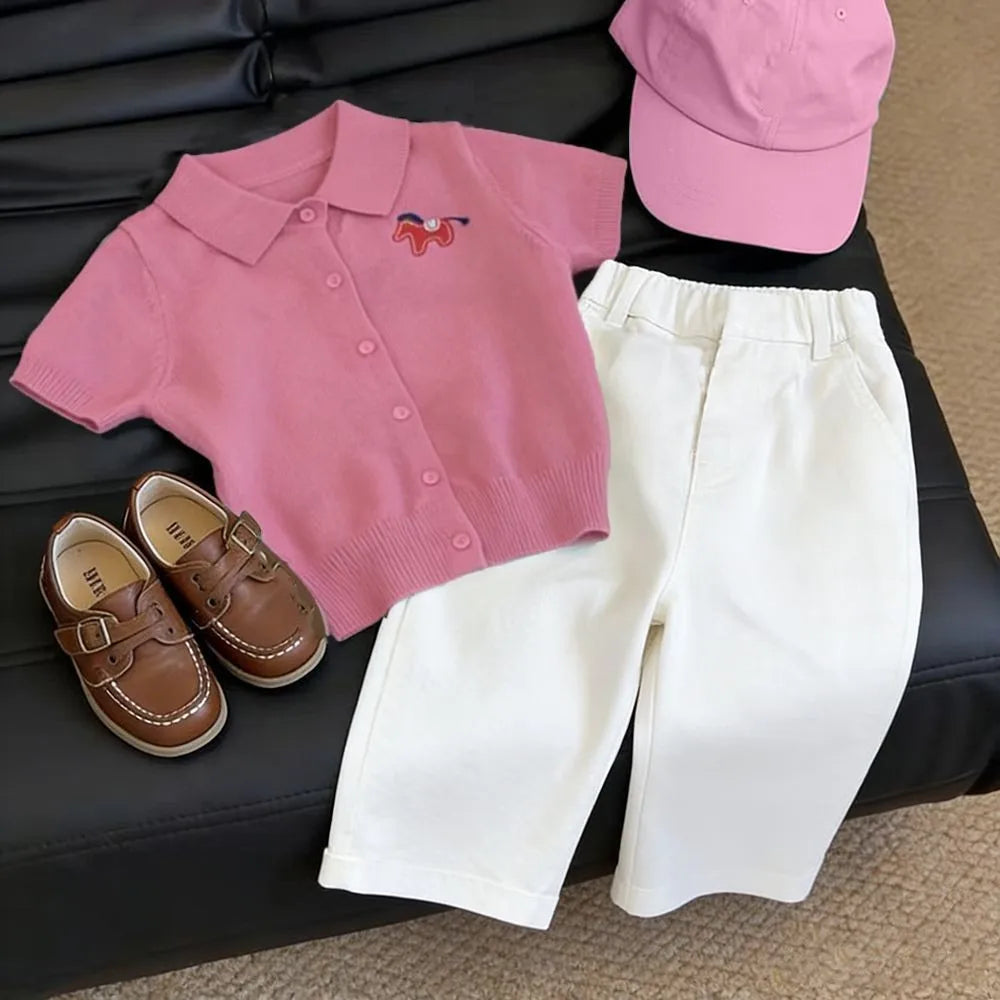Children's Short Sleeve Knit POLO Shirt Casual Pants Two-Piece Set