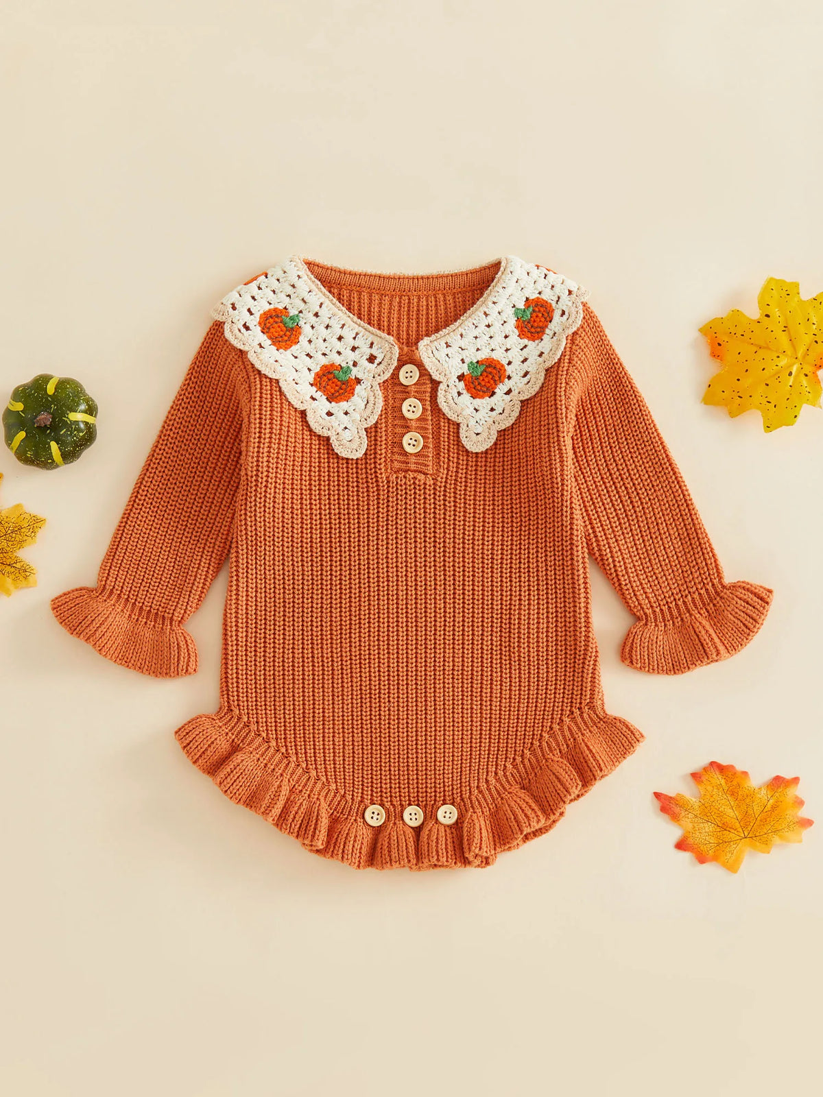 Baby Girl Pumpkin Embroidered Knit Romper