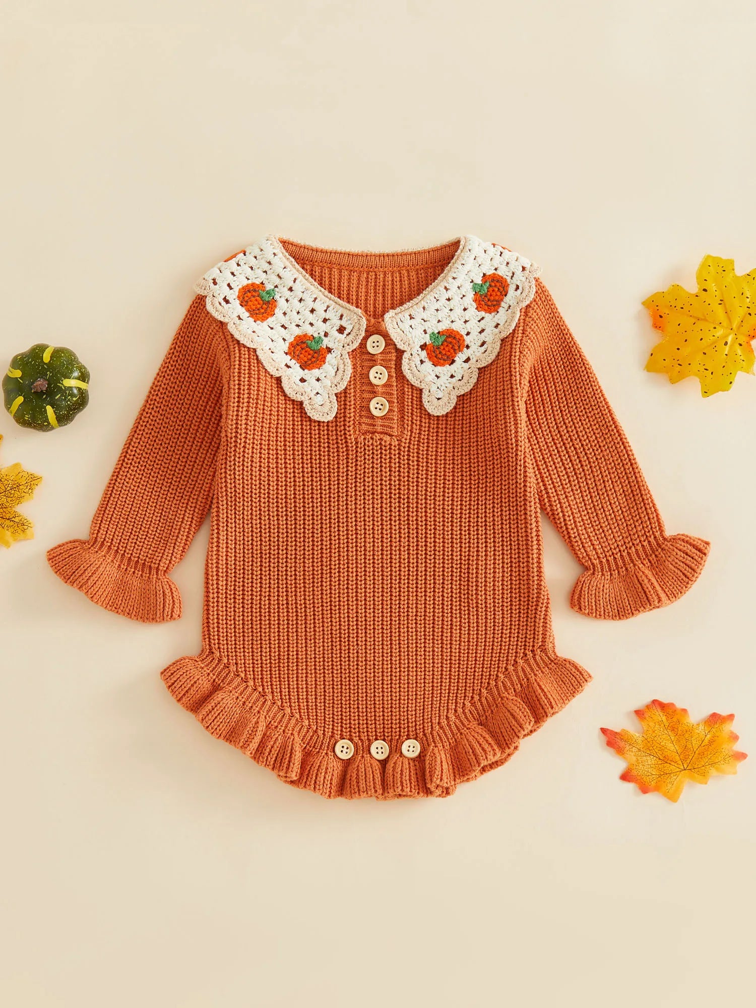 Baby Girl Pumpkin Embroidered Knit Romper