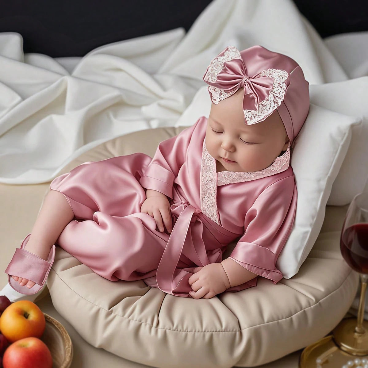 Newborn Lace Bathrobe Photo Set for Baby Girls - Robe, Turban Hat and Slippers