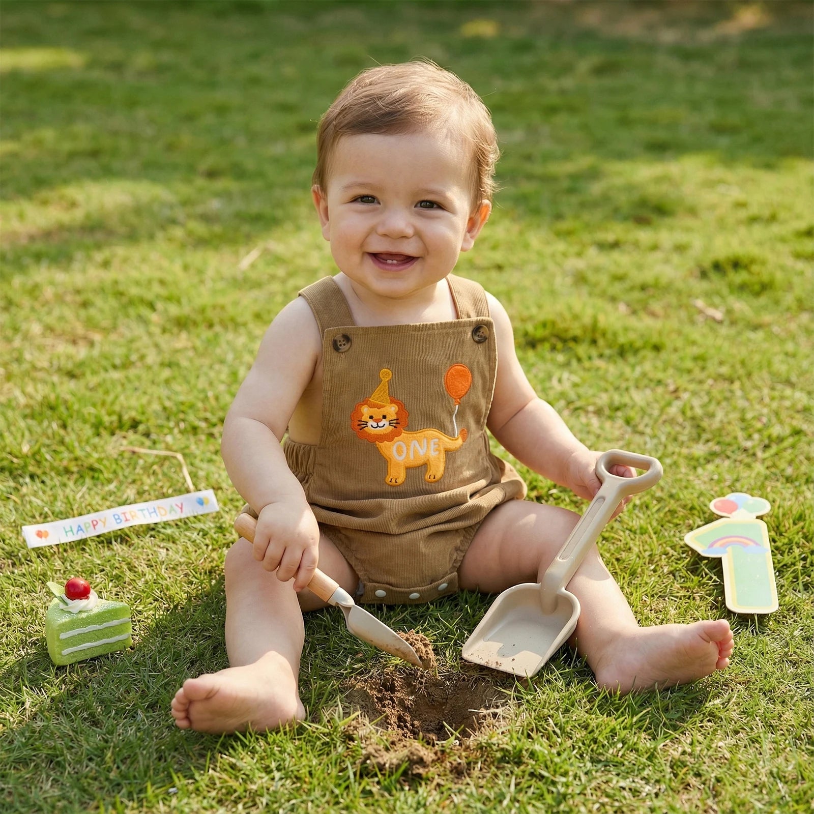 Square Neck Animal Balloon Embroidery Birthday Romper