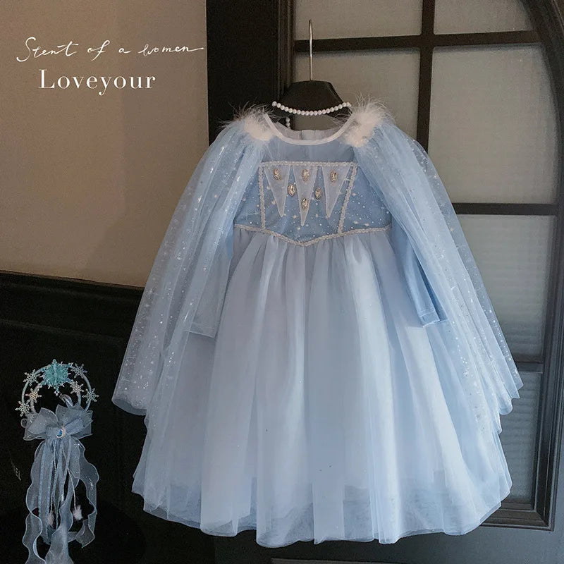 Girls' Blue Princess Dress with Detachable Shawl