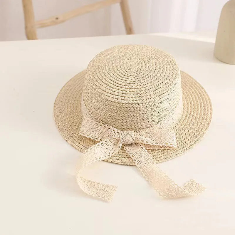 Adjustable Lace Bow Straw Sun Hat for Girls
