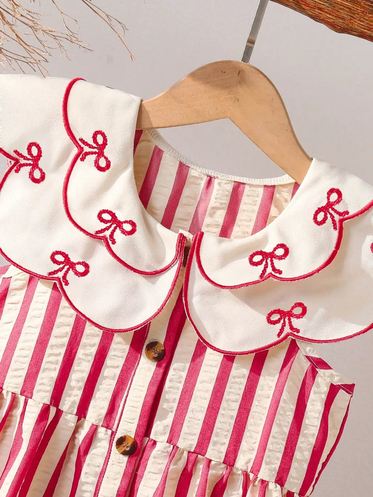 Retro Red & White Striped Dress with Embroidered Collar