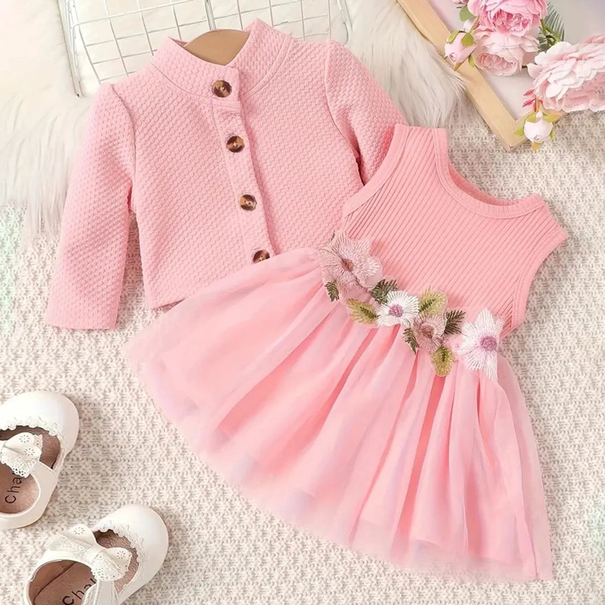 Baby Girl Fall Outfit - Floral Tulle Dress & Cardigan Set