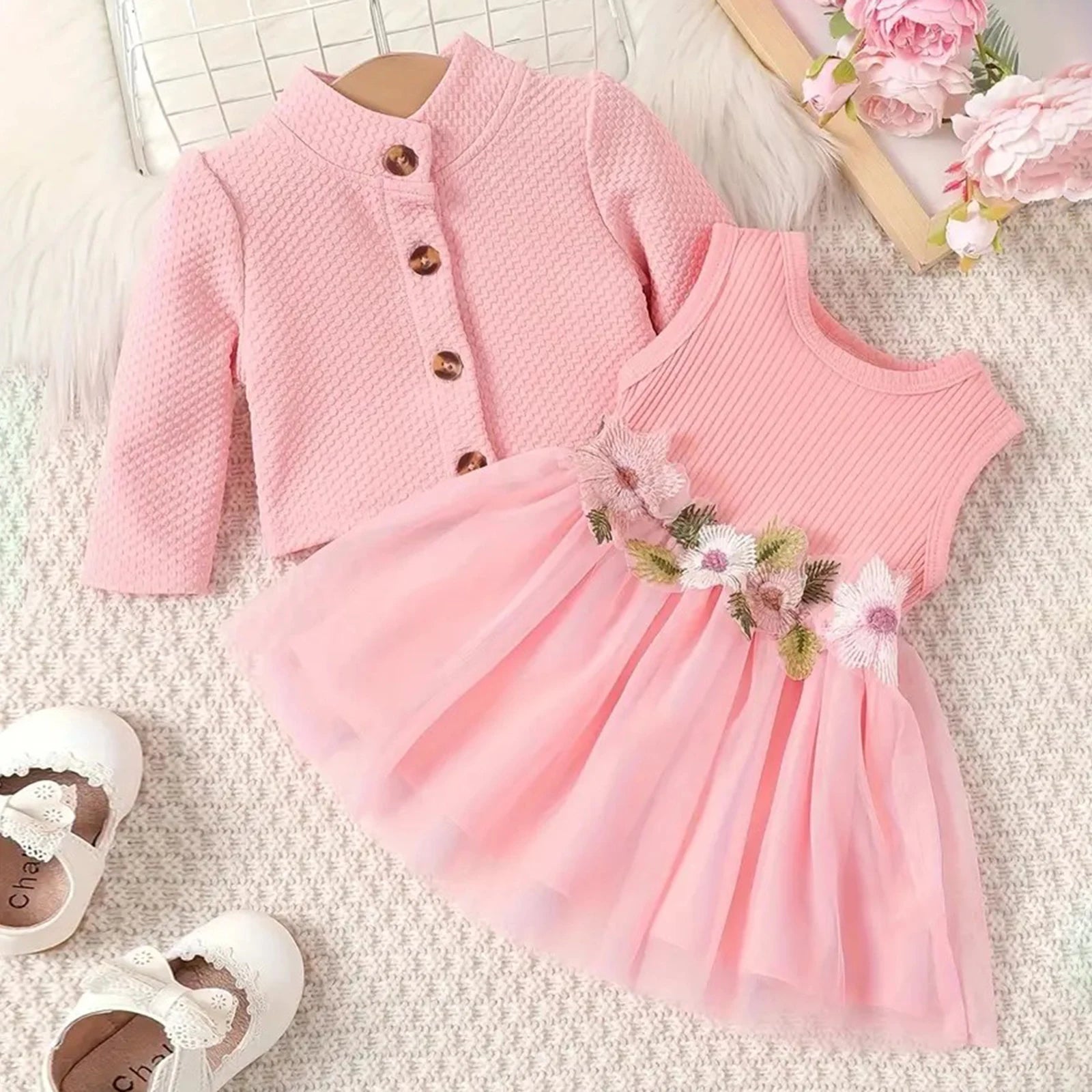 Baby Girl Fall Outfit - Floral Tulle Dress & Cardigan Set