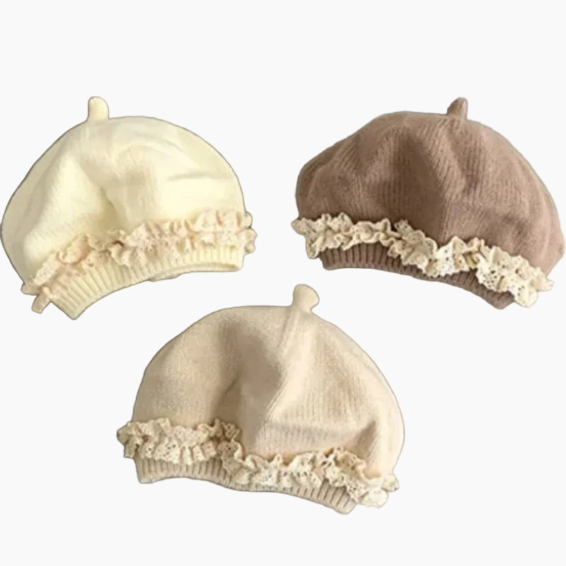 Baby Girl Lace Ruffle Knit Beret Soft Cotton Hat