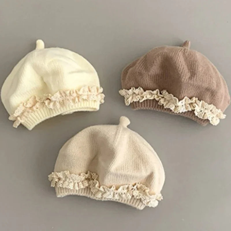 Baby Girl Lace Ruffle Knit Beret Soft Cotton Hat
