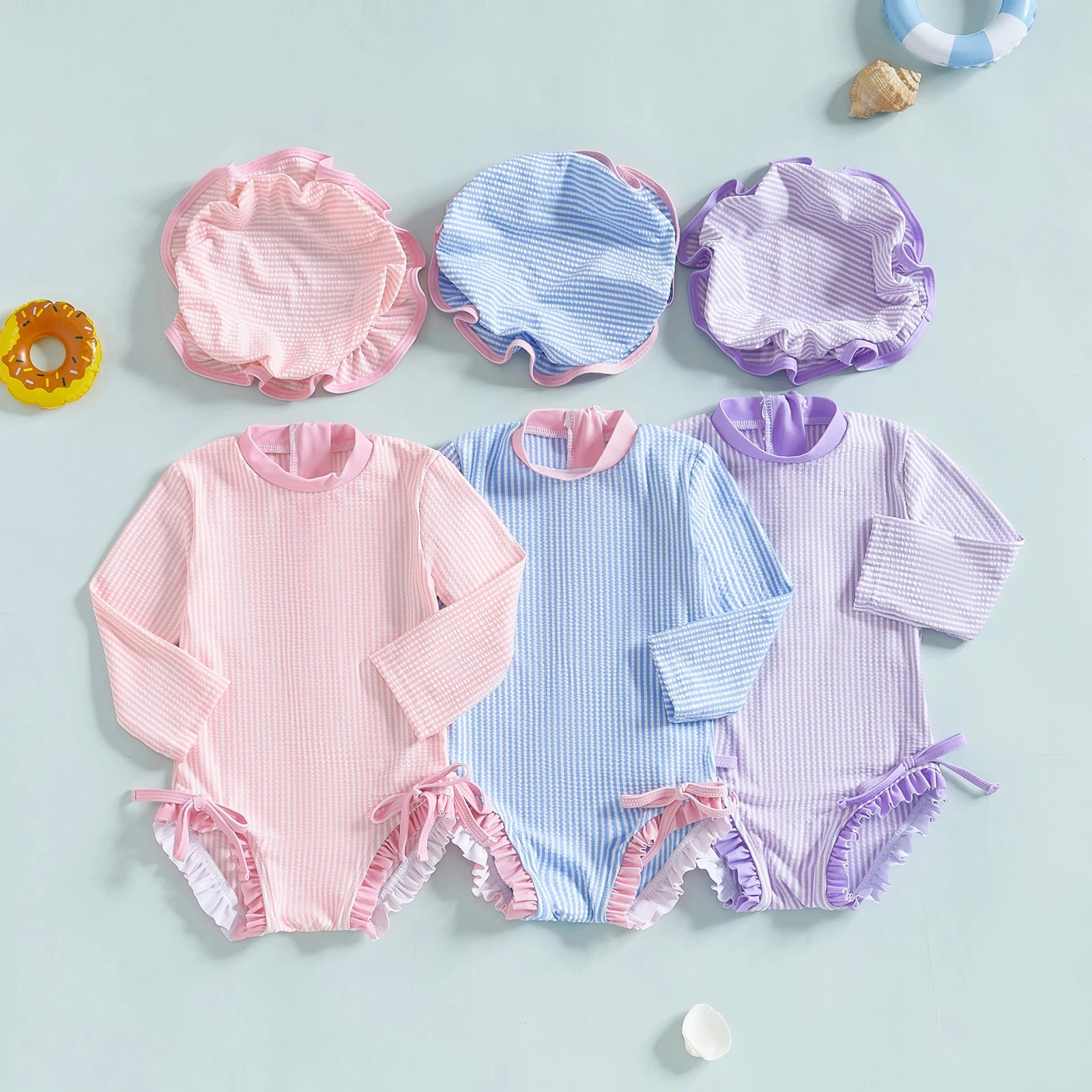 Girls Long Sleeve Striped Swimsuit with Hat