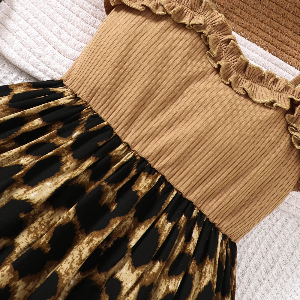 Girls' Khaki & Leopard Print Ruffle Cami Dress