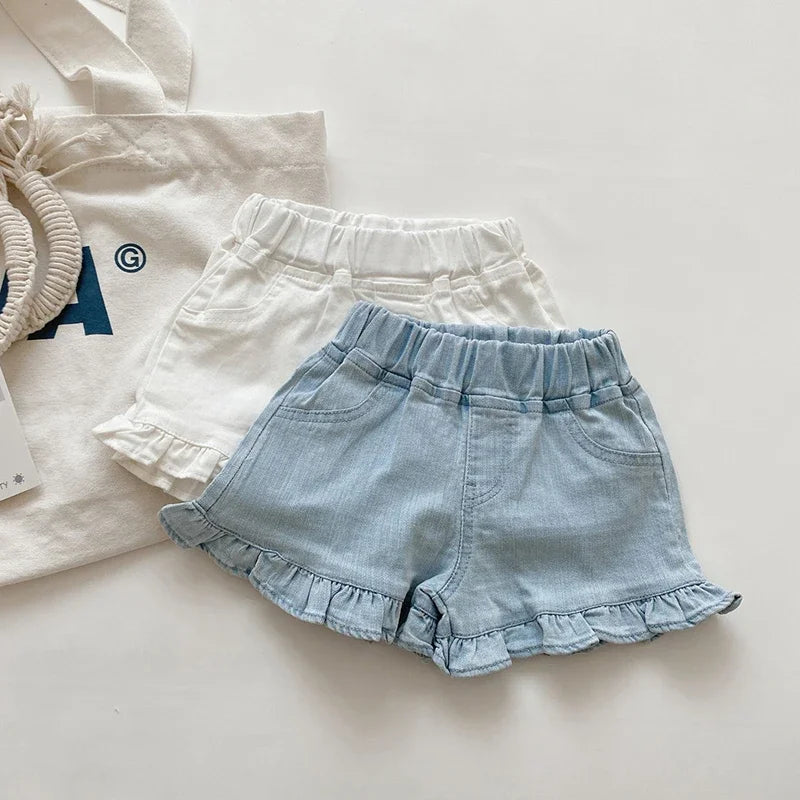 Girls Solid Ruffle Hem Elastic Waist Shorts