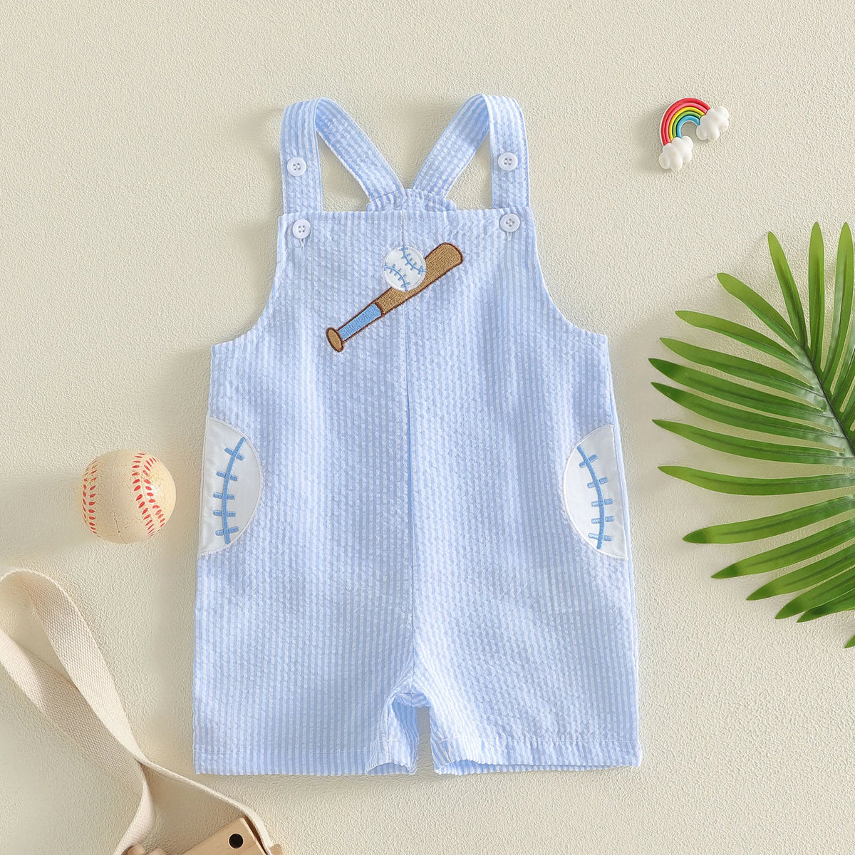 Toddler Baseball Embroidered Striped Overalls