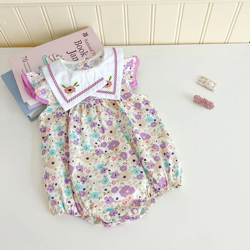 Baby Girl Floral Embroidery Square Collar Sleeveless Bodysuit | Newborn Jumpsuit