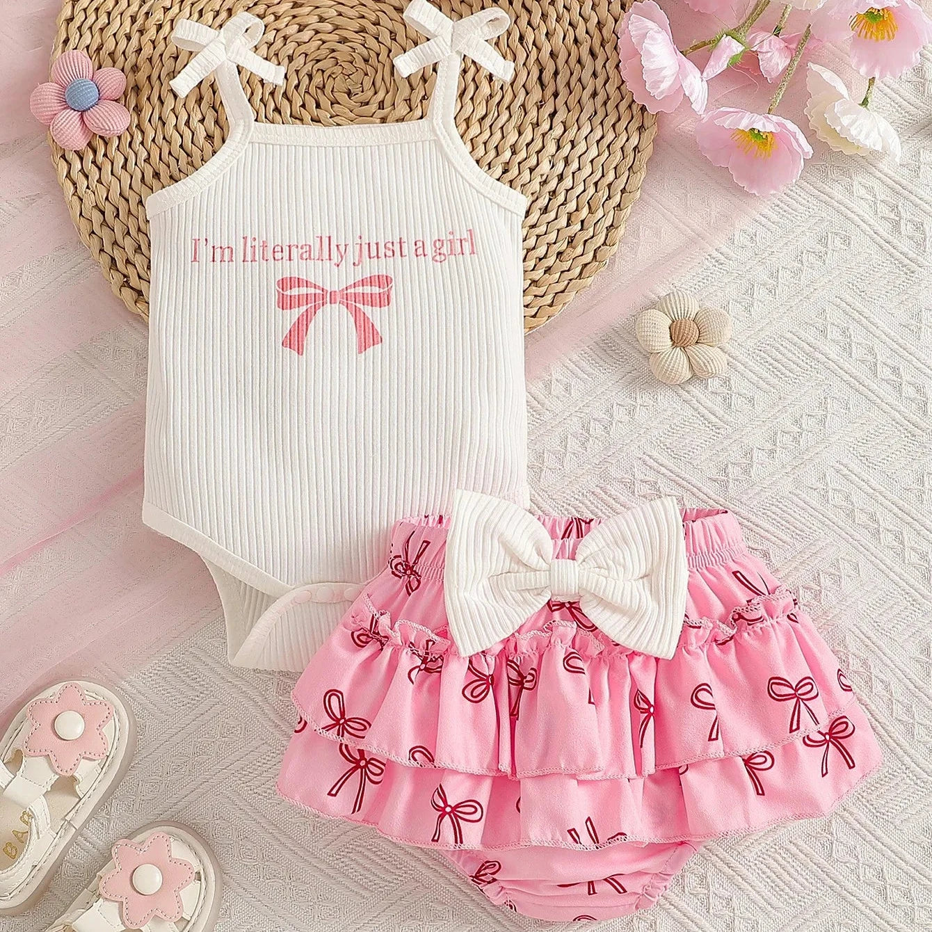 Baby Girls’ Summer Bow Print Romper Outfit