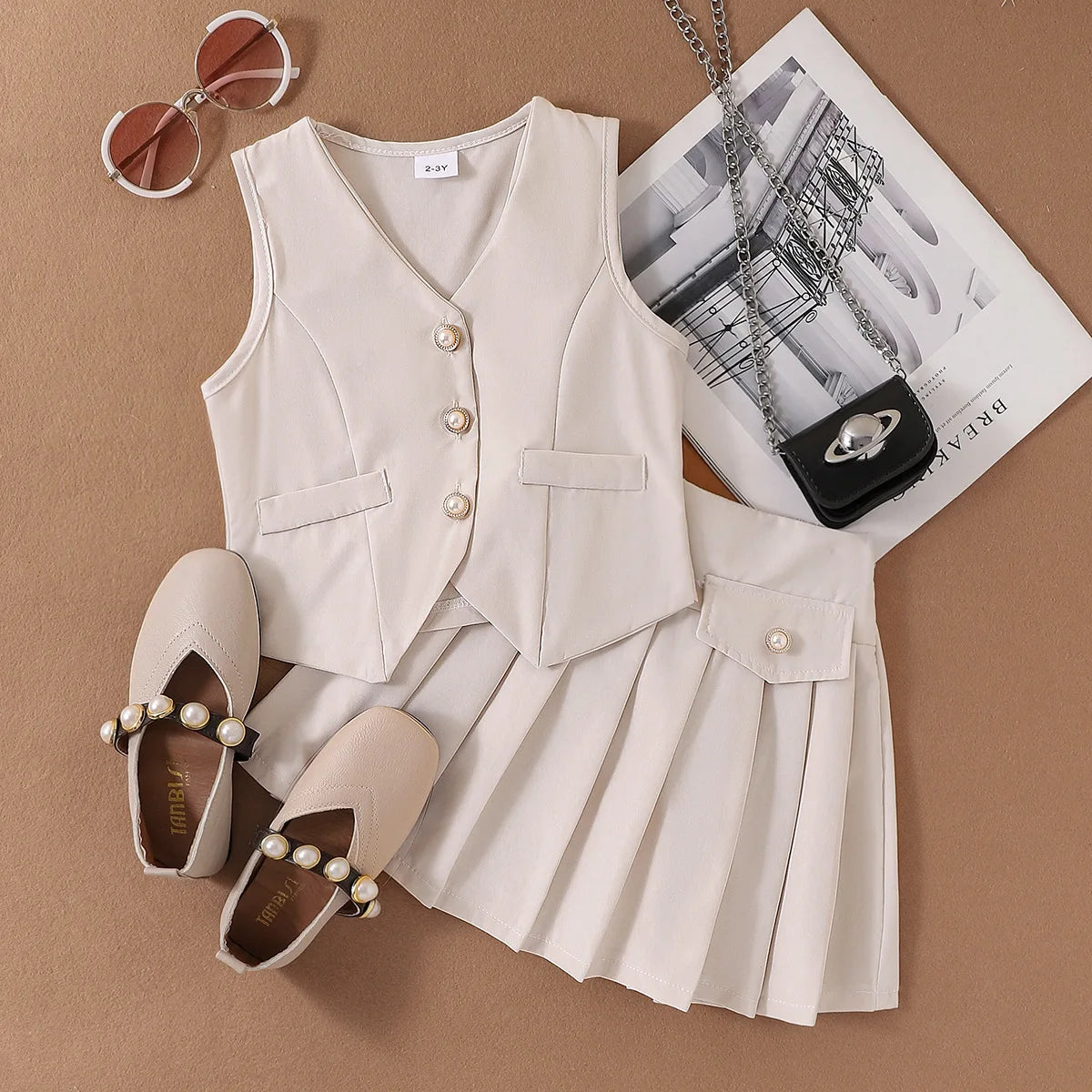 Sleeveless Button Vest and Pleated Skirt Outfit