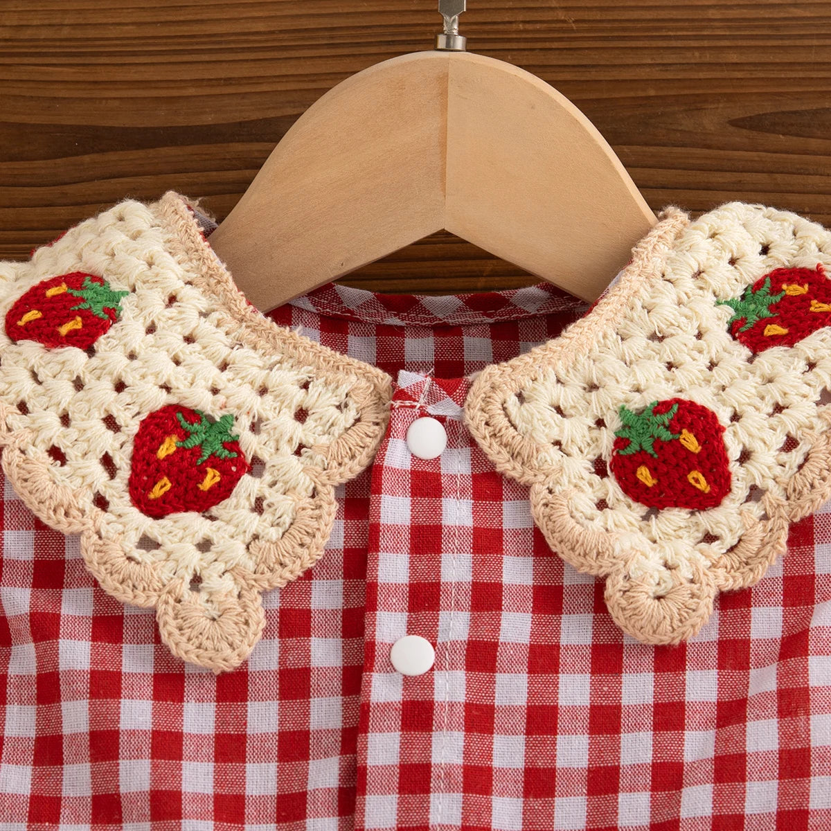 Checkered Dress with Strawberry Crochet Collar