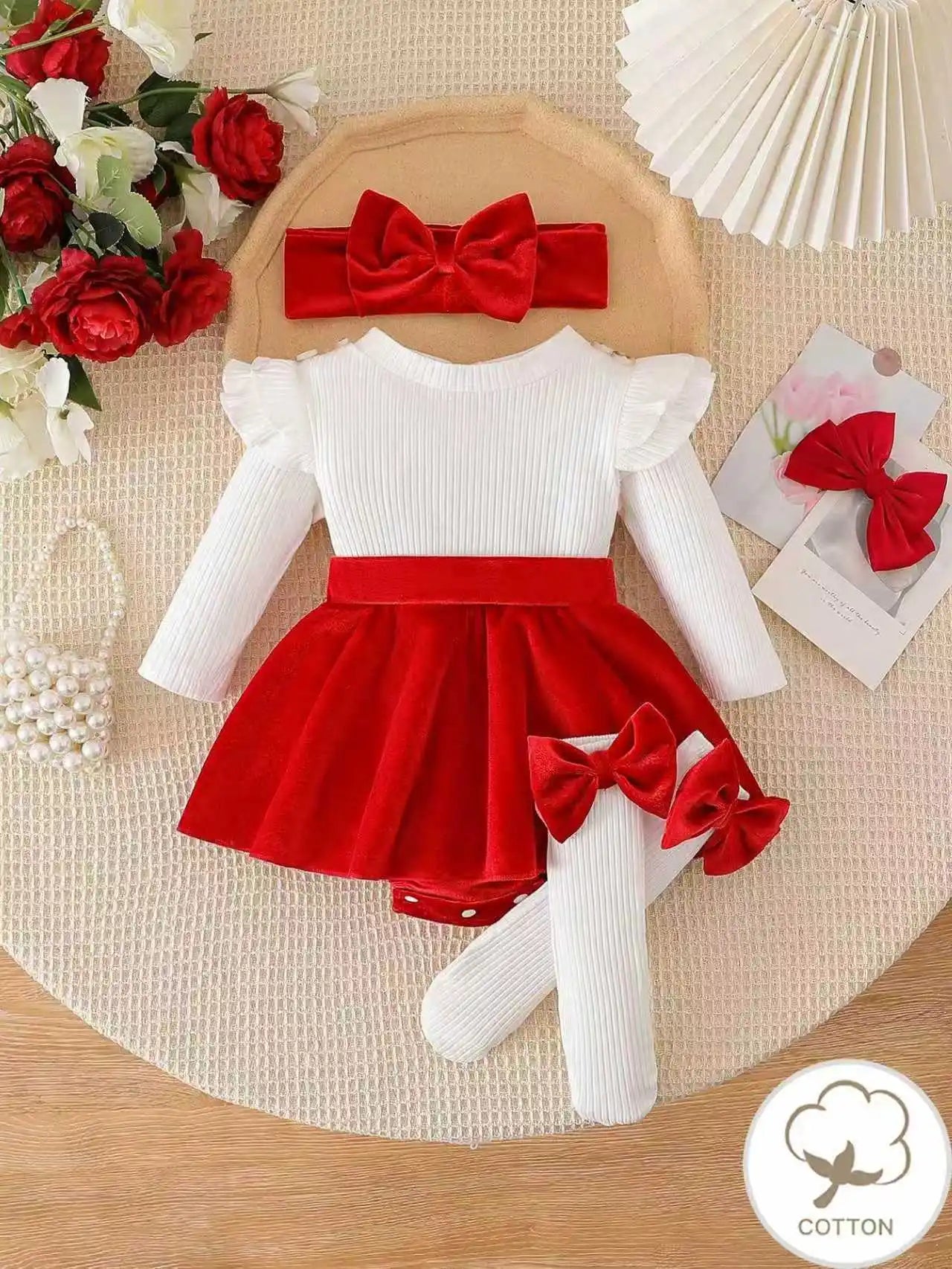 Baby Girl Red Bow Romper Dress Set with Headband & Socks