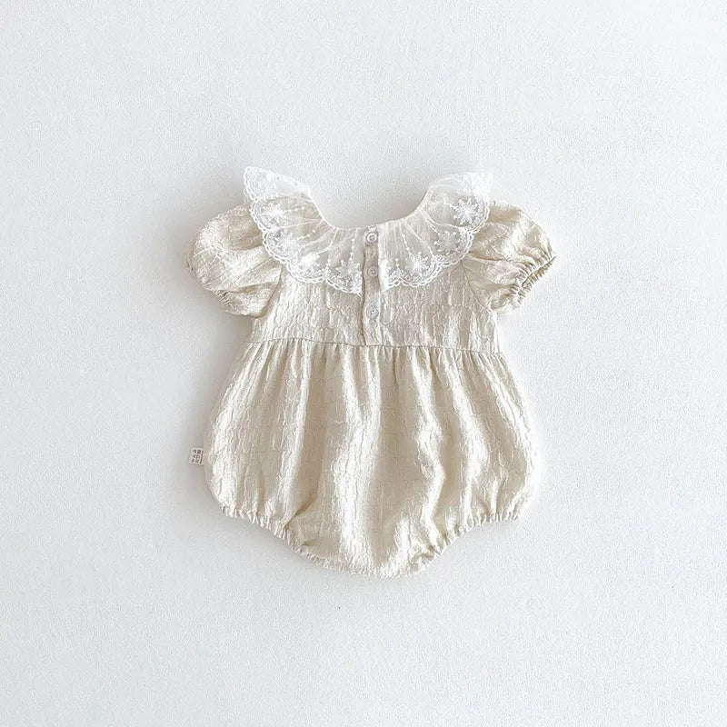 Baby Girl Lace Collar Bodysuit - Embroidered Short Sleeve One Piece