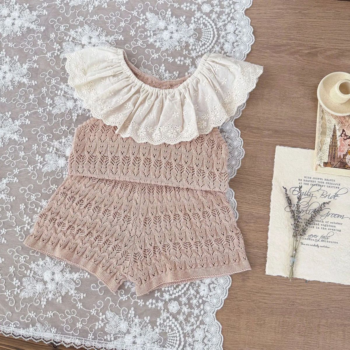 Baby Girls Hollow Knit Lace Collar Vest & Shorts Set