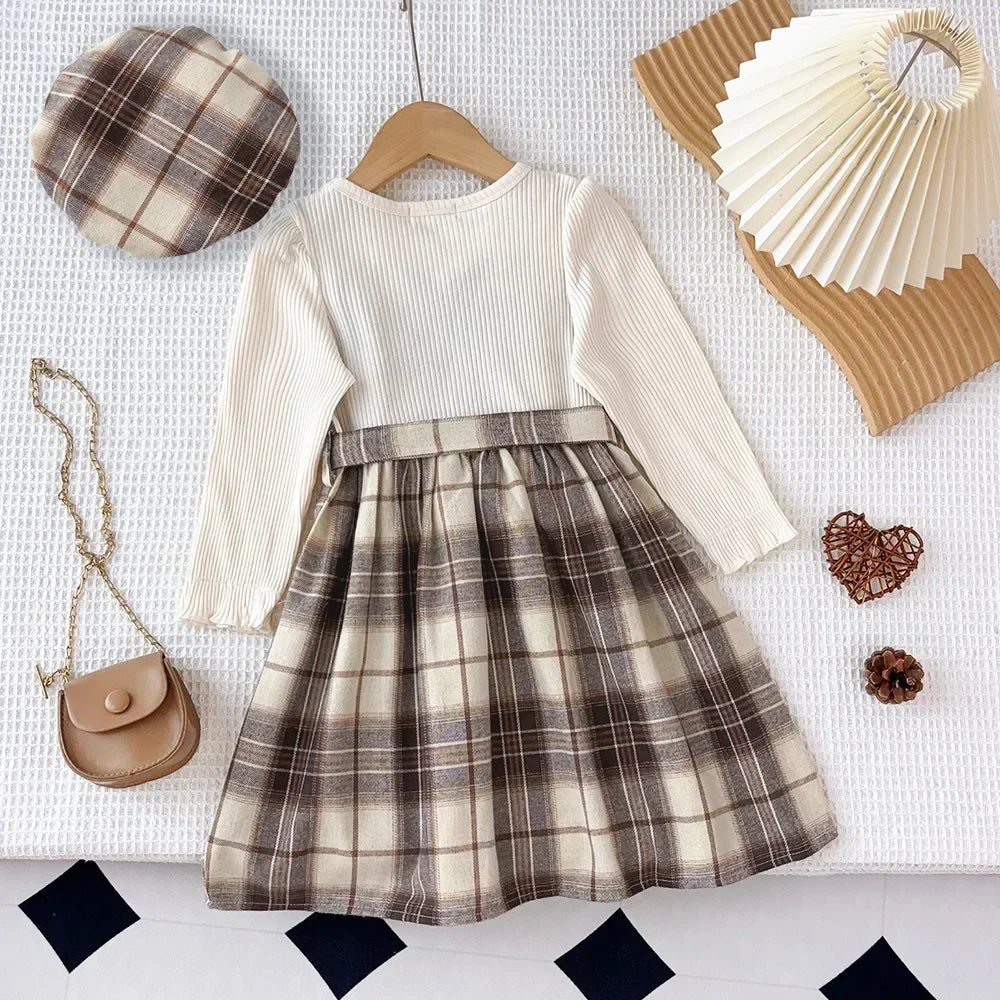 Girls' Plaid Dress Outfit with Belt & Hat - Autumn Casual Style