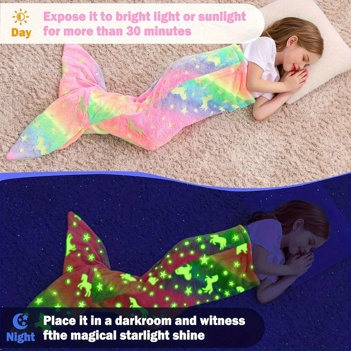 Glow in the Dark Mermaid Tail Blanket for Girls