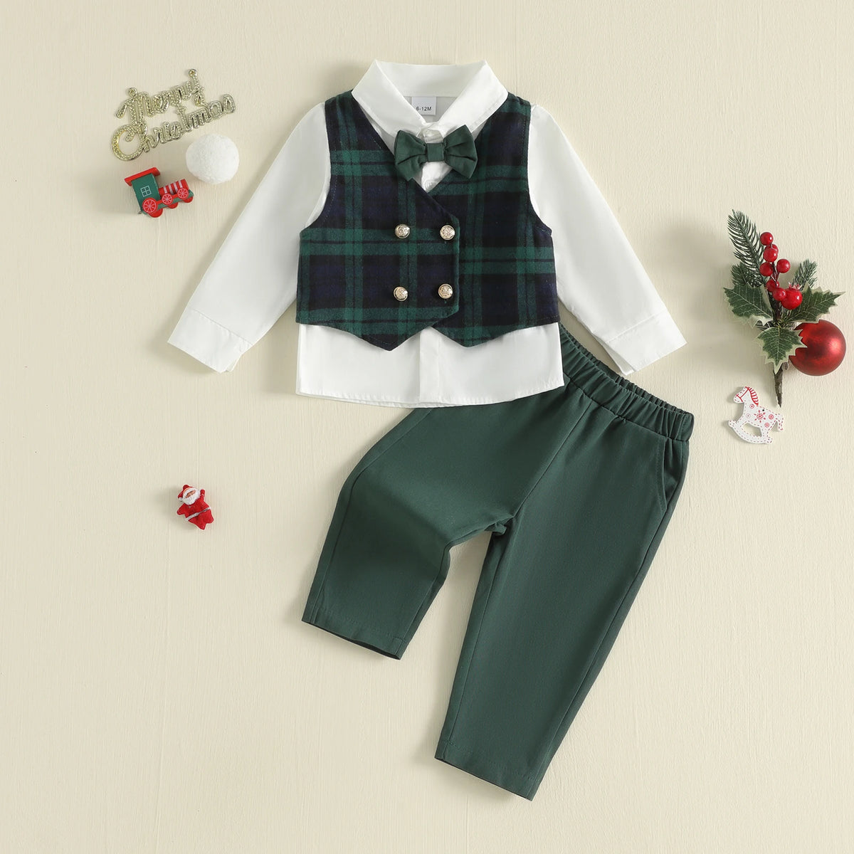 Boys Christmas Plaid Vest Outfit Set with Bow Tie & Pants