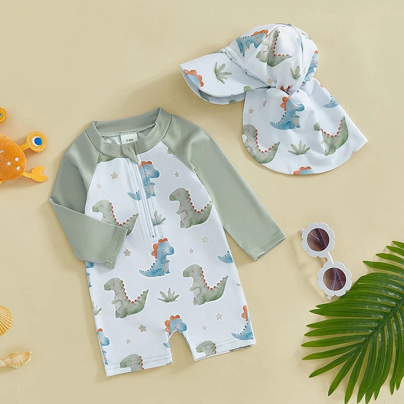 2-Piece Toddler Boys' Long Sleeve Rash Guard & Swim Cap Set