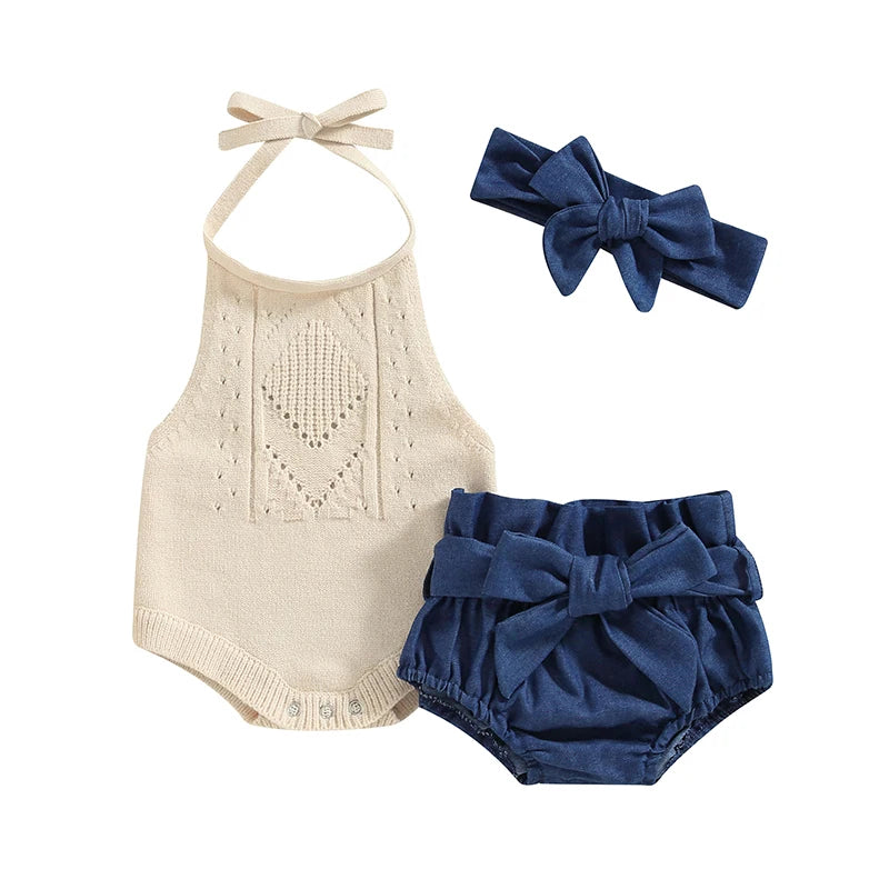 Baby Girl Tie-Up Halter Knit Romper, Belted Shorts & Headband 3-Piece Set