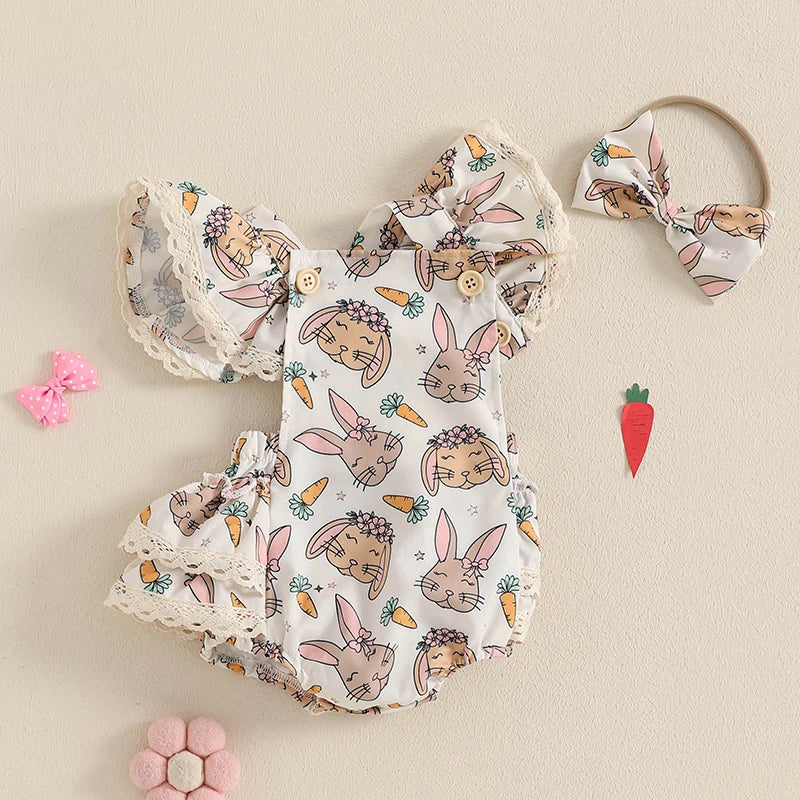 2-Piece Easter Rabbit Print Romper & Headband Set