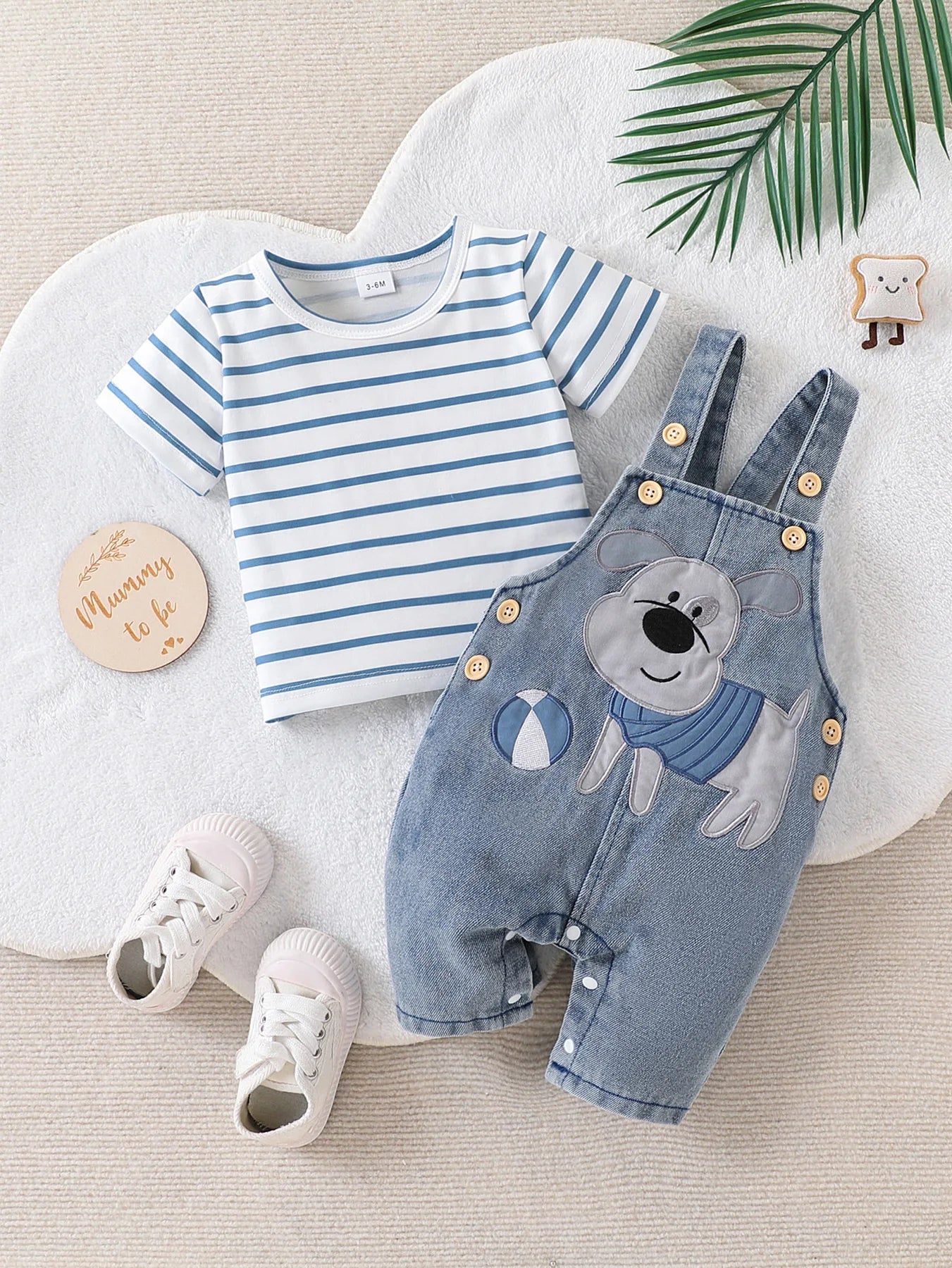 Baby Boy Striped T-Shirt & Bear Overall Set
