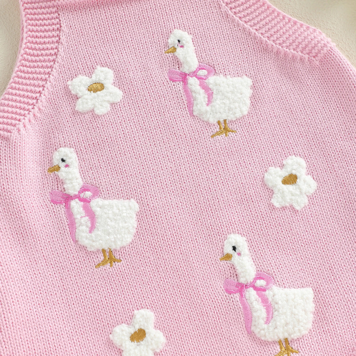 Baby Girl Sleeveless Duck & Flower Knit Overall Bodysuit