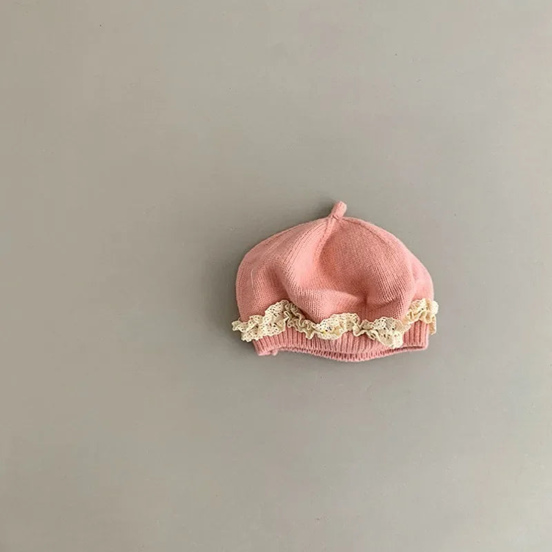 Baby Girl Lace Ruffle Knit Beret Soft Cotton Hat