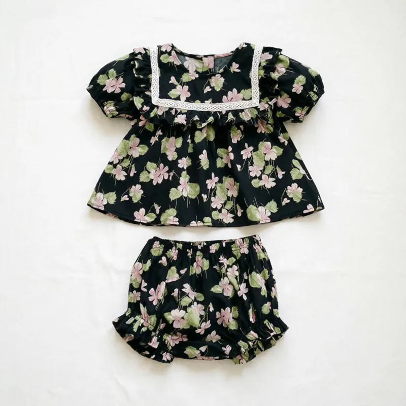 Baby Girl Floral Cotton Puff Sleeve Top & Bloomers 2-Piece Set