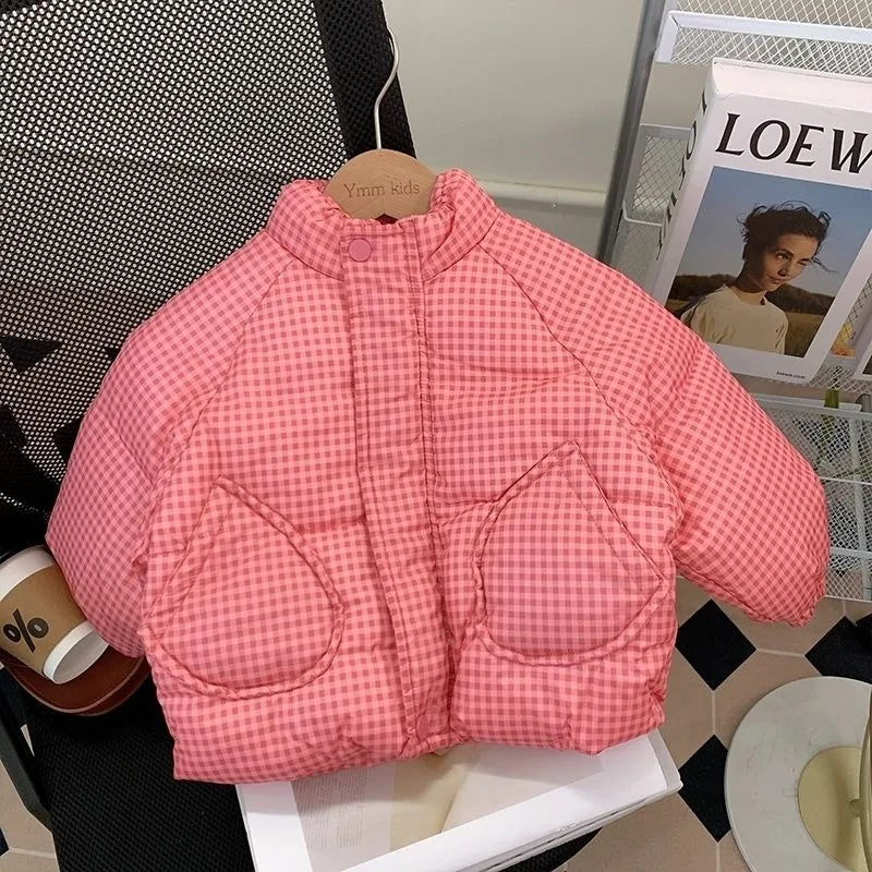 Pink Grid Plush-Lined Winter Jacket for Girls
