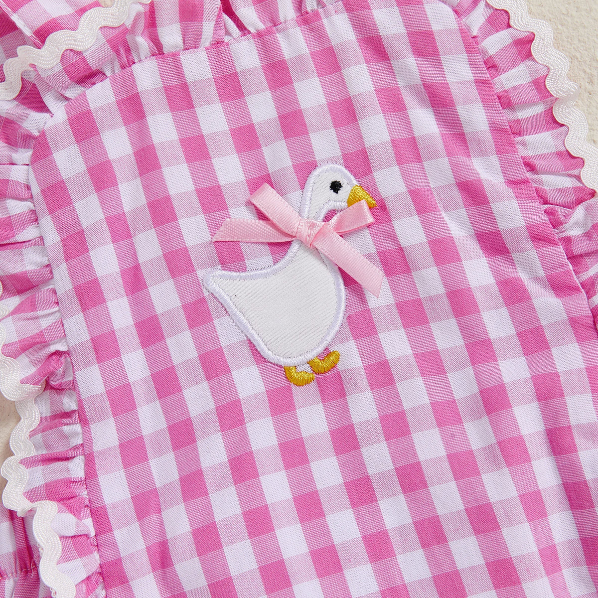 Baby Girl Plaid Duck Embroidery Bow Backless Sleeveless Romper