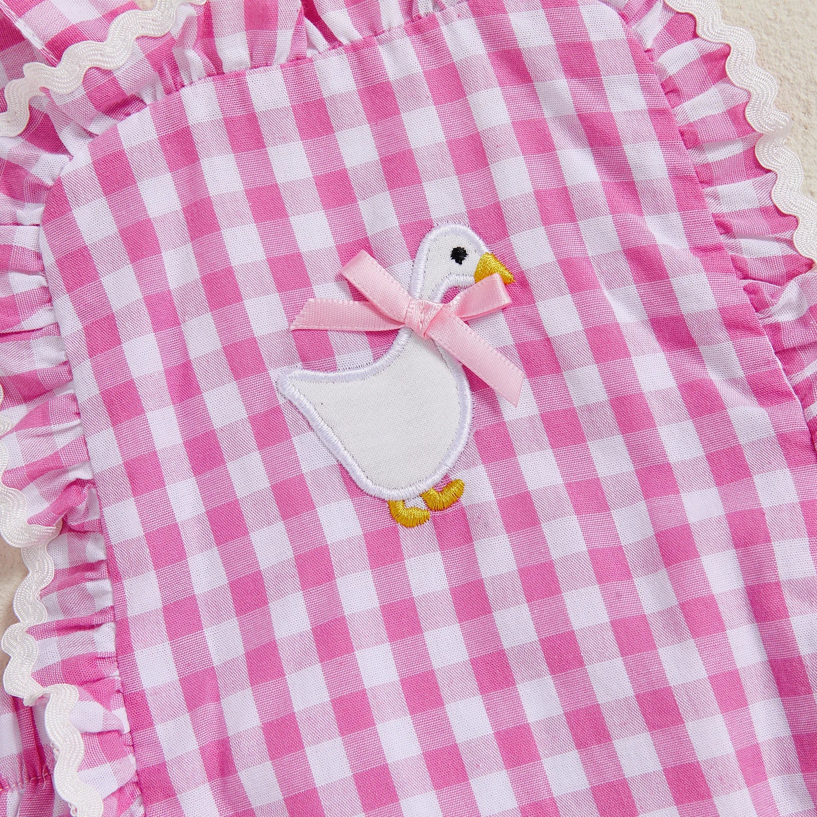 Baby Girl Plaid Duck Embroidery Bow Backless Sleeveless Romper