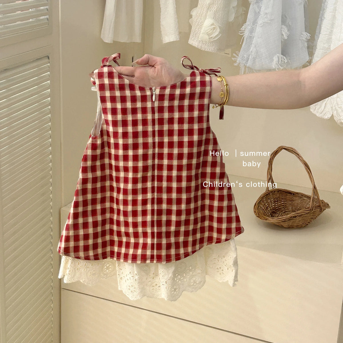 Red Plaid Summer Dress & Hat Set