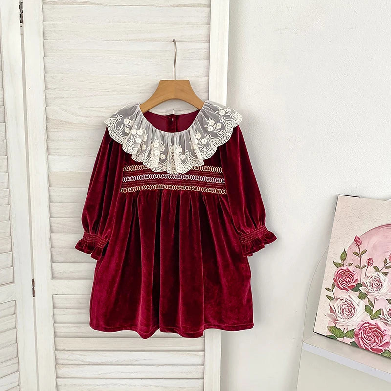 Girls Red Christmas Dress with White Lace Collar