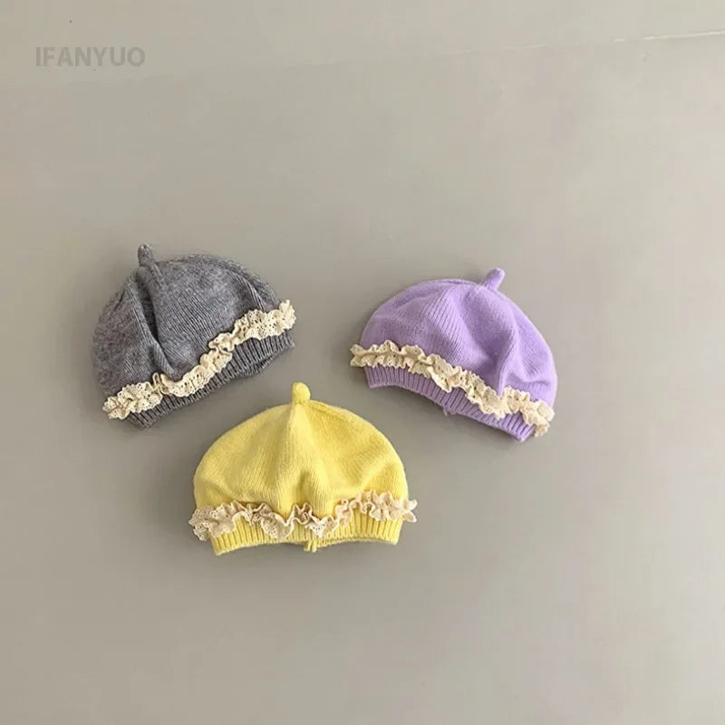 Baby Girl Lace Ruffle Knit Beret Soft Cotton Hat