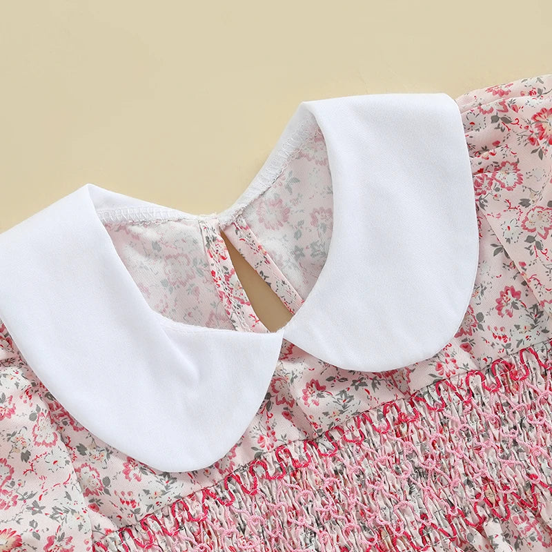 Baby Girl Floral Smocked Doll Collar Puff Sleeve Romper