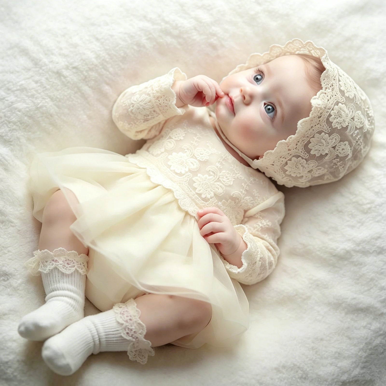 Newborn Princess Lace Tulle Dress with Hat- White Christening Gown
