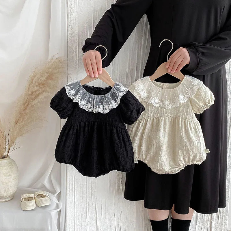 Baby Girl Lace Collar Bodysuit - Embroidered Short Sleeve One Piece