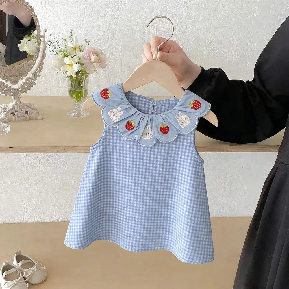 Baby Girl Rabbit Strawberry Floral Plaid Dress | Birthday Party Summer Dress