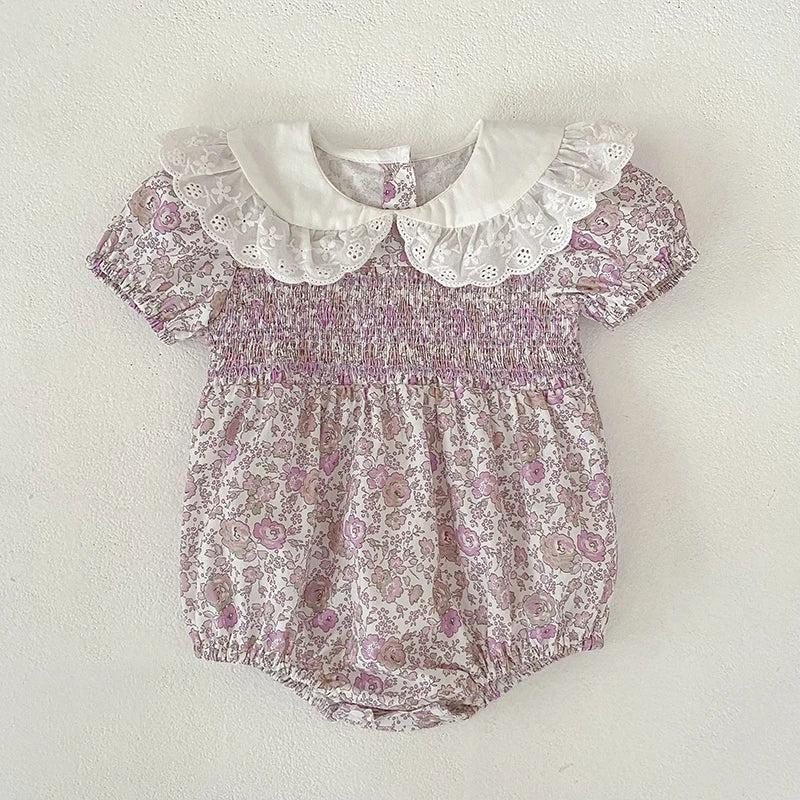 Baby Girl Floral Smocked Lace Collar Cotton Romper