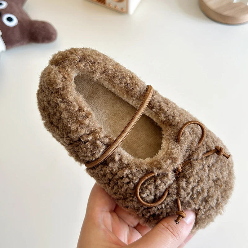 Toddler Girls Winter Mary Jane Flats - Warm Fur Bowtie Shoes