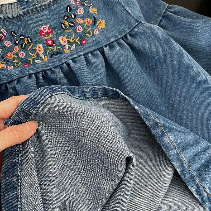 Girls Embroidered Long Sleeve Denim Dress
