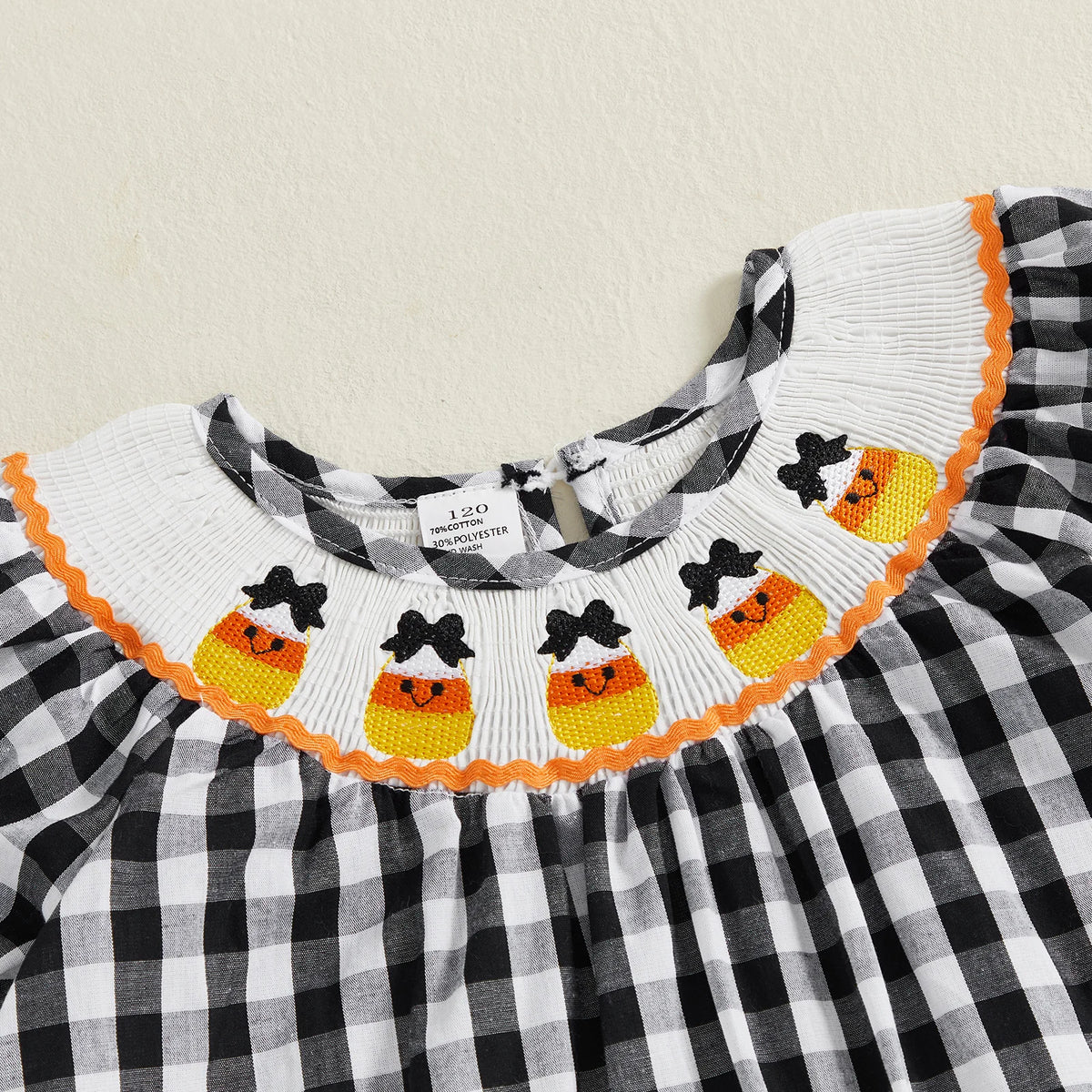 Halloween Plaid Dress with Candy Corn Embroidery
